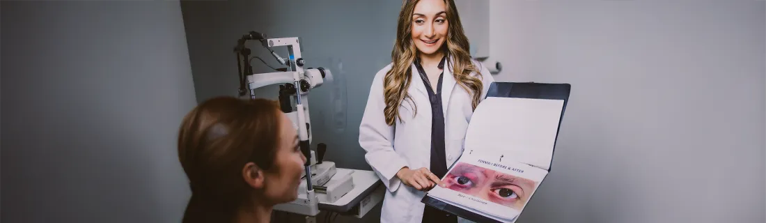 Dr. Balvinder Bharj explaining dry eye treatment to a patient